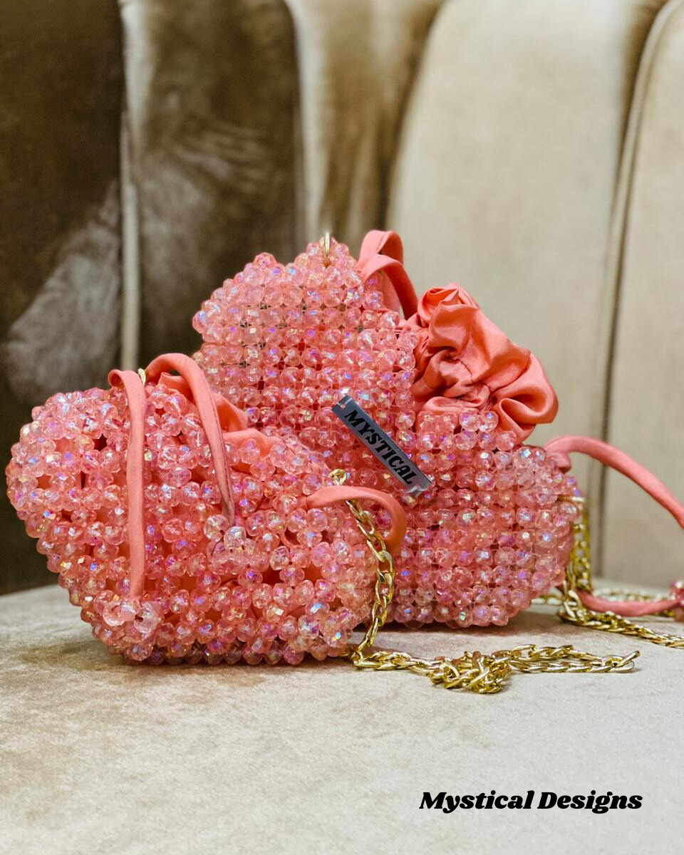 Chic Pink Crystal Bead Evening Bag with Gold Chain (Mother Daughter Combo)