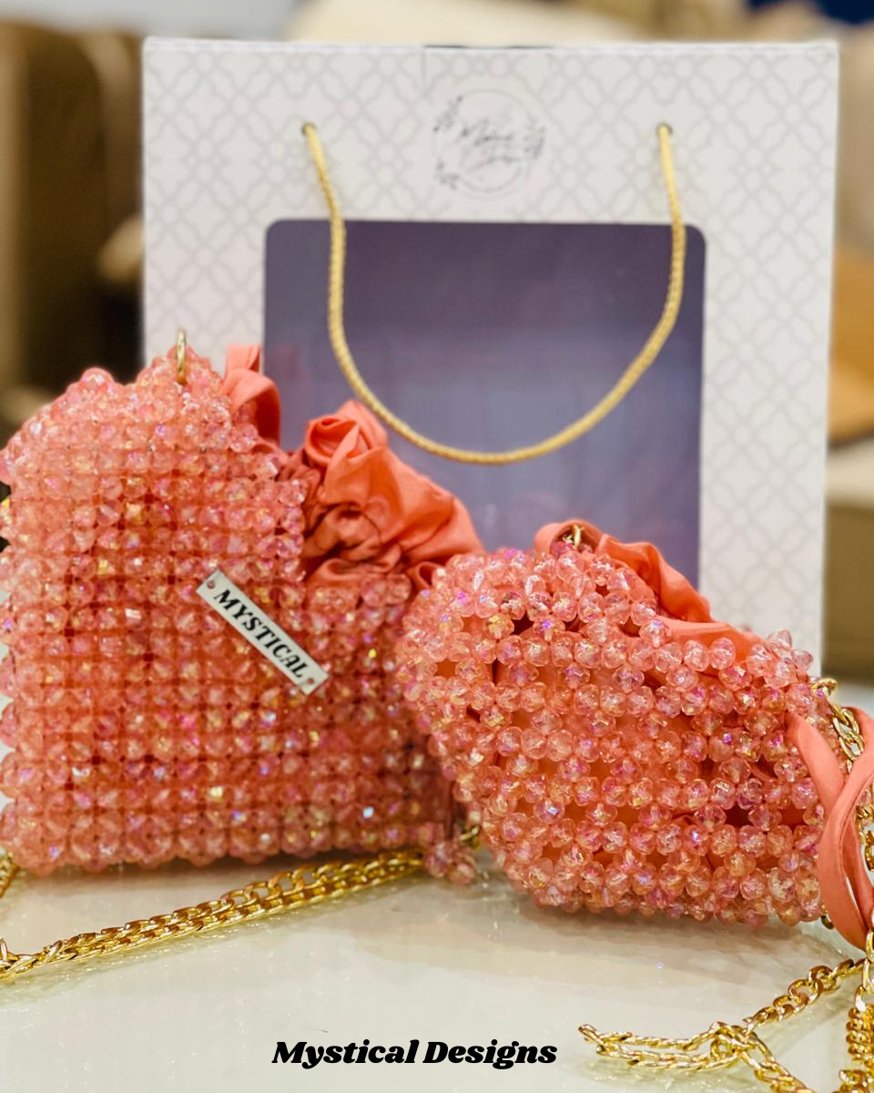 Chic Pink Crystal Bead Evening Bag with Gold Chain (Mother Daughter Combo)